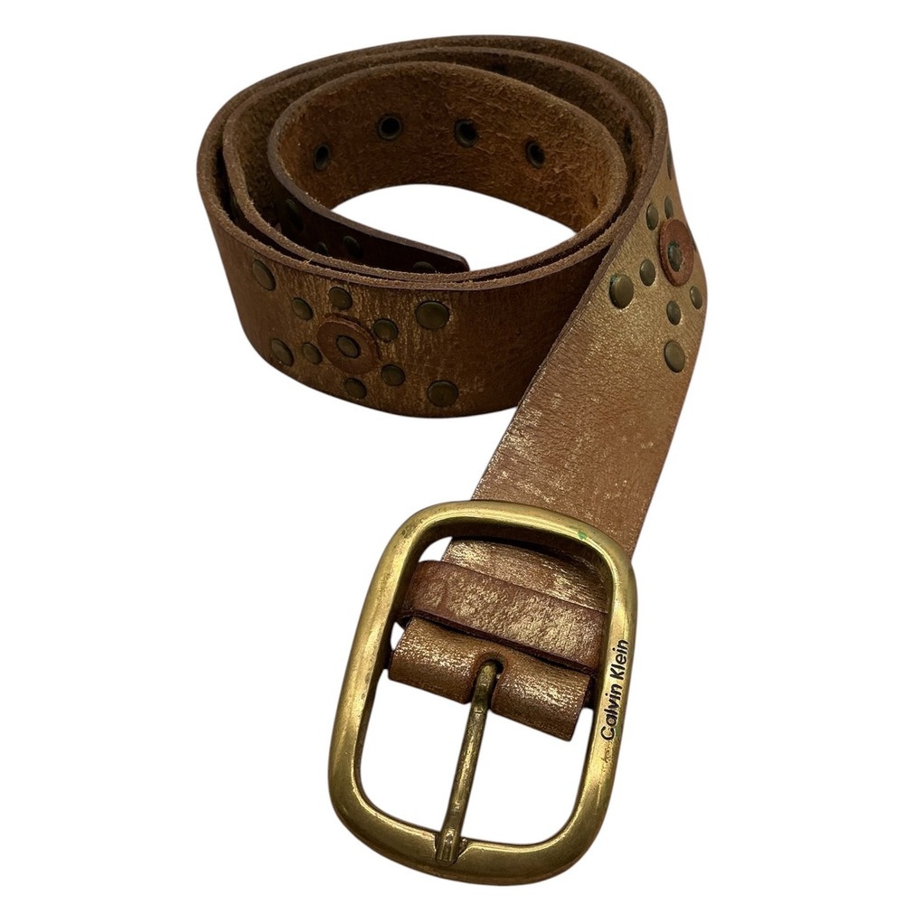 Calvin Klein Y2K Brown Gold Distressed Studded Leather BeltBrass Buckle‎ Brazil